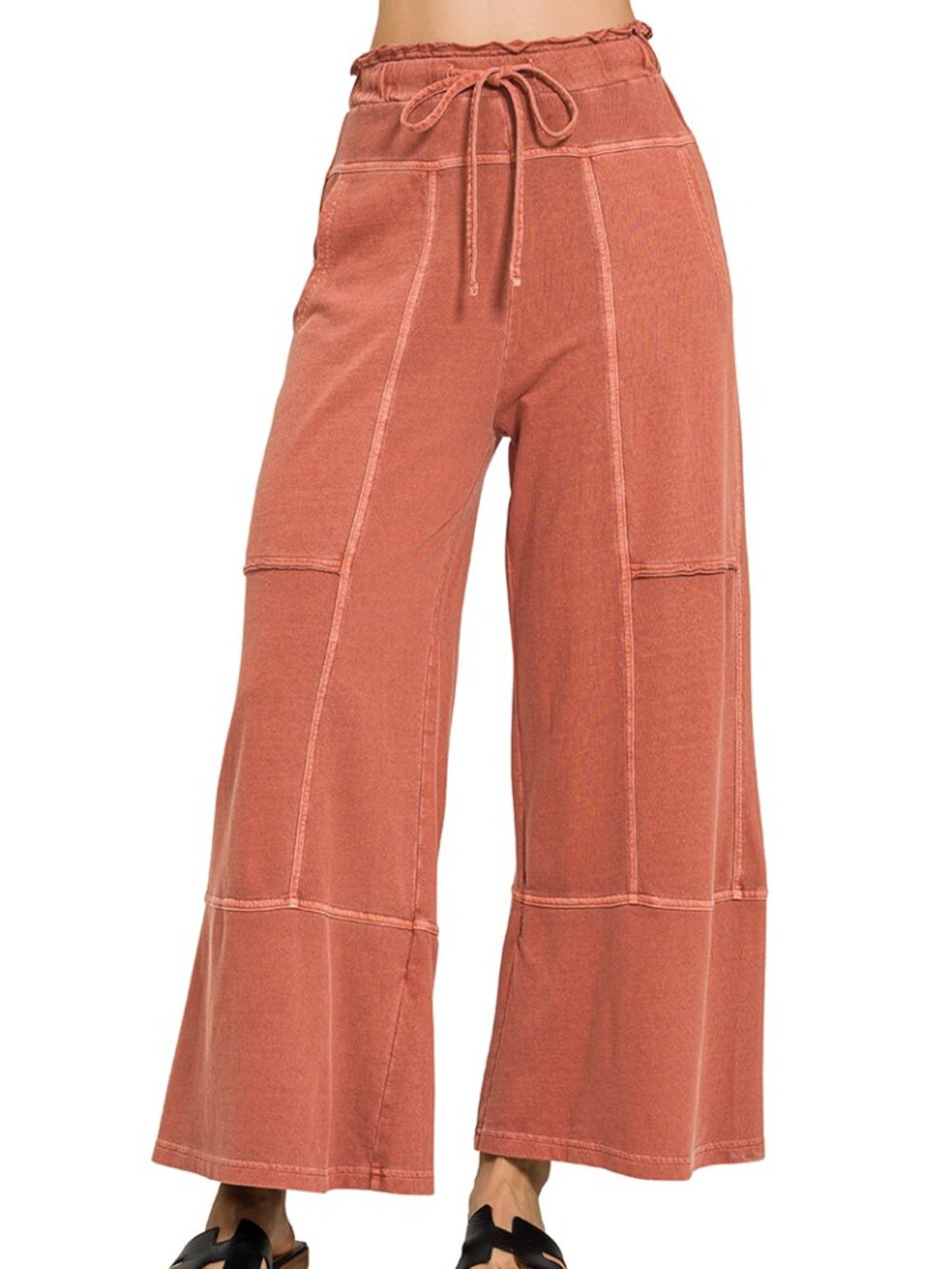 Zenana Outfitters Wide Leg Patchwork Pants in Rust